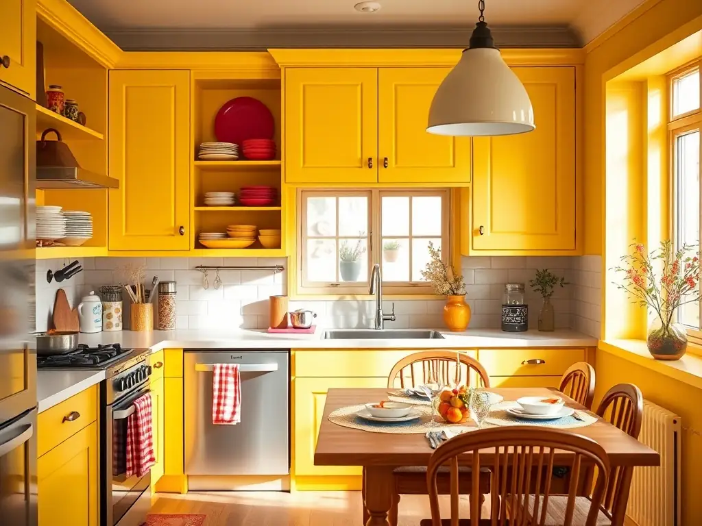 A vibrant kitchen with colorful accents and smart storage solutions, demonstrating a practical home decor suggestion.