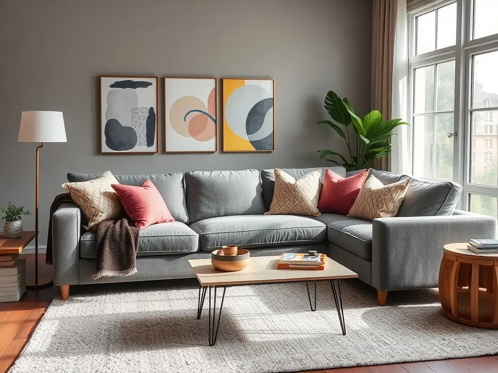 A cozy living room with modern furniture and vibrant decor elements, illustrating a stylish home decor tip.