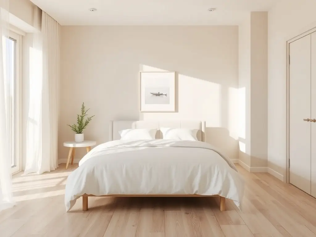 A minimalist bedroom with neutral tones and elegant decor, showcasing a serene home decor idea.